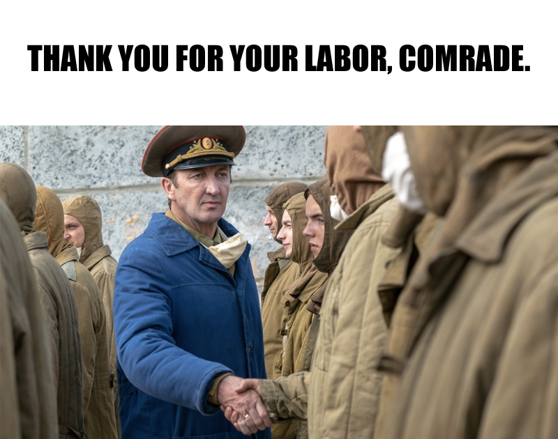 The meme is a still image from the 2017 film "The Death of Stalin", featuring a character played by actor Steve ... . The image shows the character, a Soviet general, shaking hands with a group of men who are all wearing the same type of clothing, suggesting they are prisoners or soldiers. The text "Thank you for your labor, comrade" is written above the image, implying that the general is thanking the men for their work, but the tone is sarcastic and ironic, implying that the men are actually prisoners or slaves.